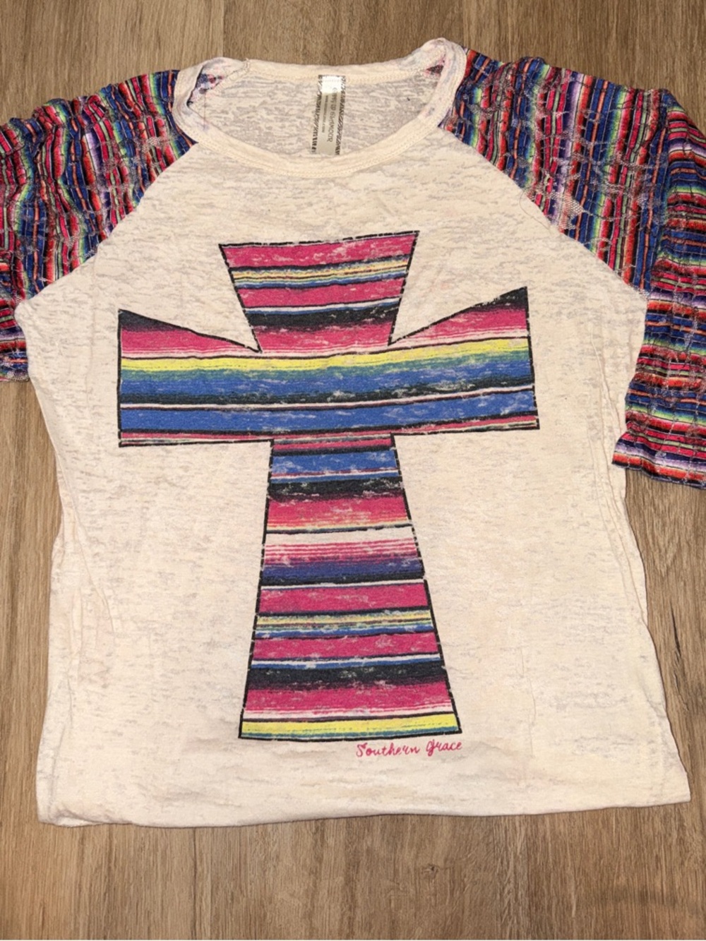 Southern Grace Cream Raglan Tee with Multicolor Striped Cross